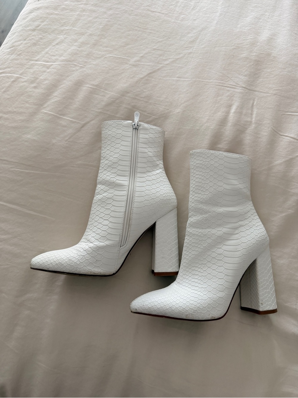 White Textured Block Heel Ankle Boots - Women